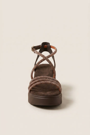 Estil - Platform Sandals Rhinestone Straps - Brown Suede