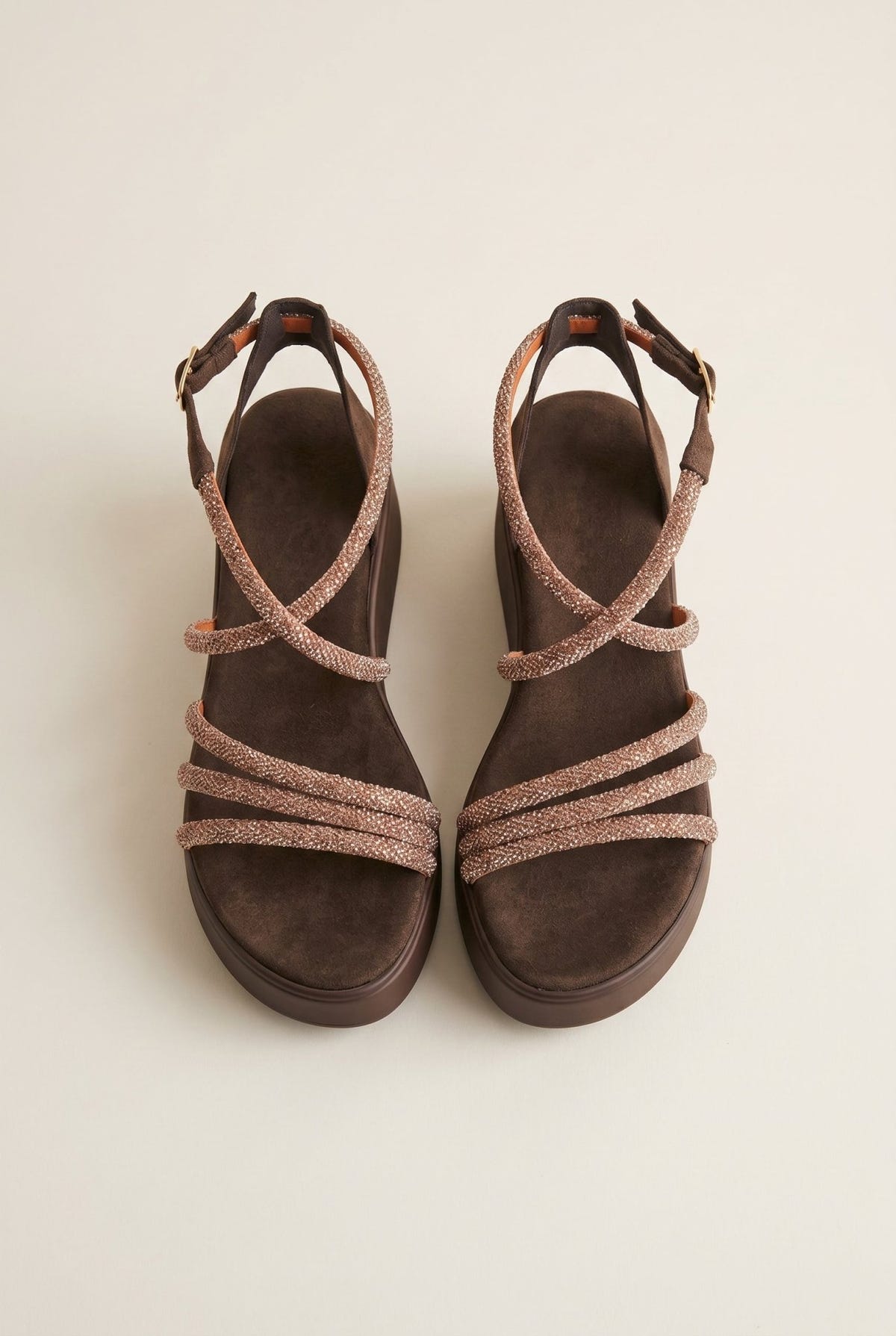 Estil - Platform Sandals Rhinestone Straps - Brown Suede