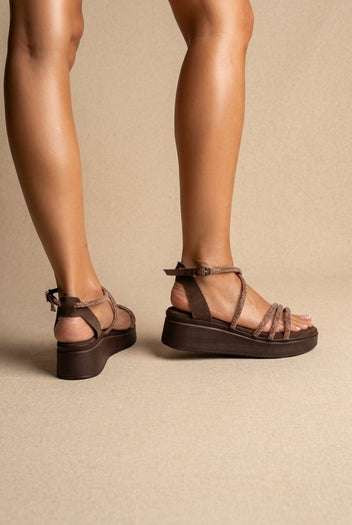 Estil - Platform Sandals Rhinestone Straps - Brown Suede