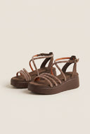 Estil - Platform Sandals Rhinestone Straps - Brown Suede