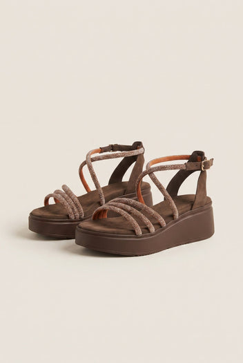 Estil - Platform Sandals Rhinestone Straps - Brown Suede