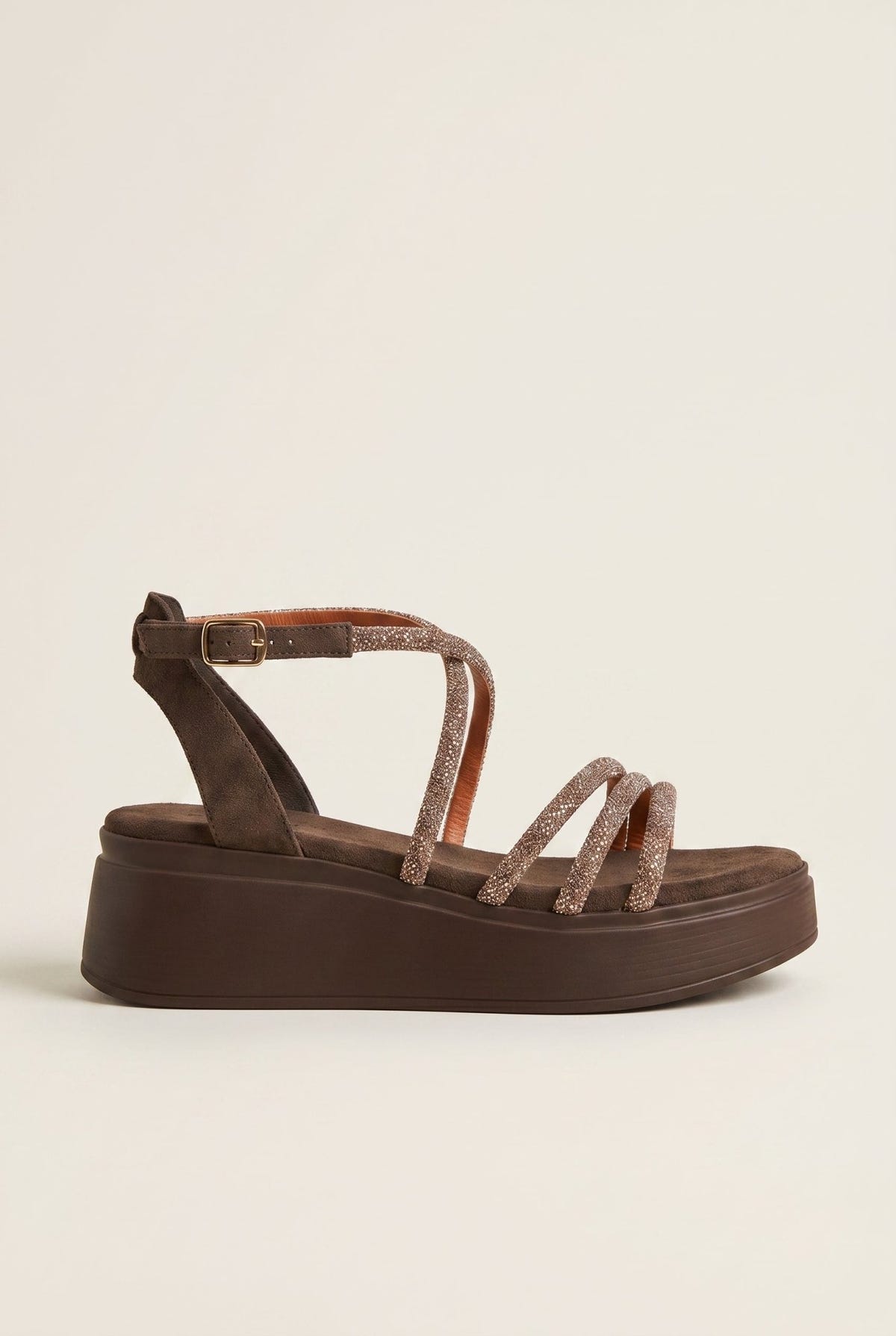 Estil - Platform Sandals Rhinestone Straps - Brown Suede