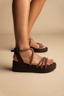 Estil - Platform Sandals Rhinestone Straps - Brown Suede
