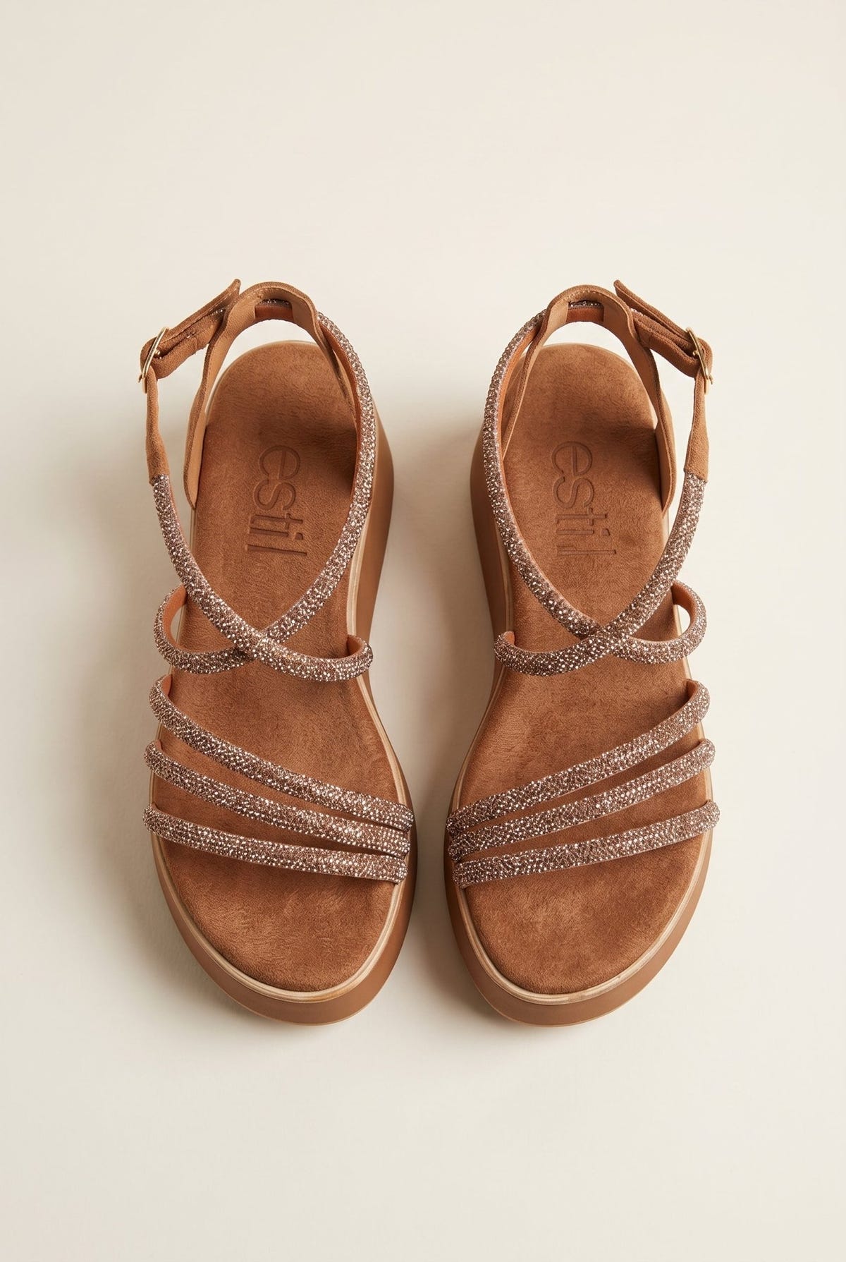 Estil - Platform Sandals Rhinestone Straps - Tan Suede