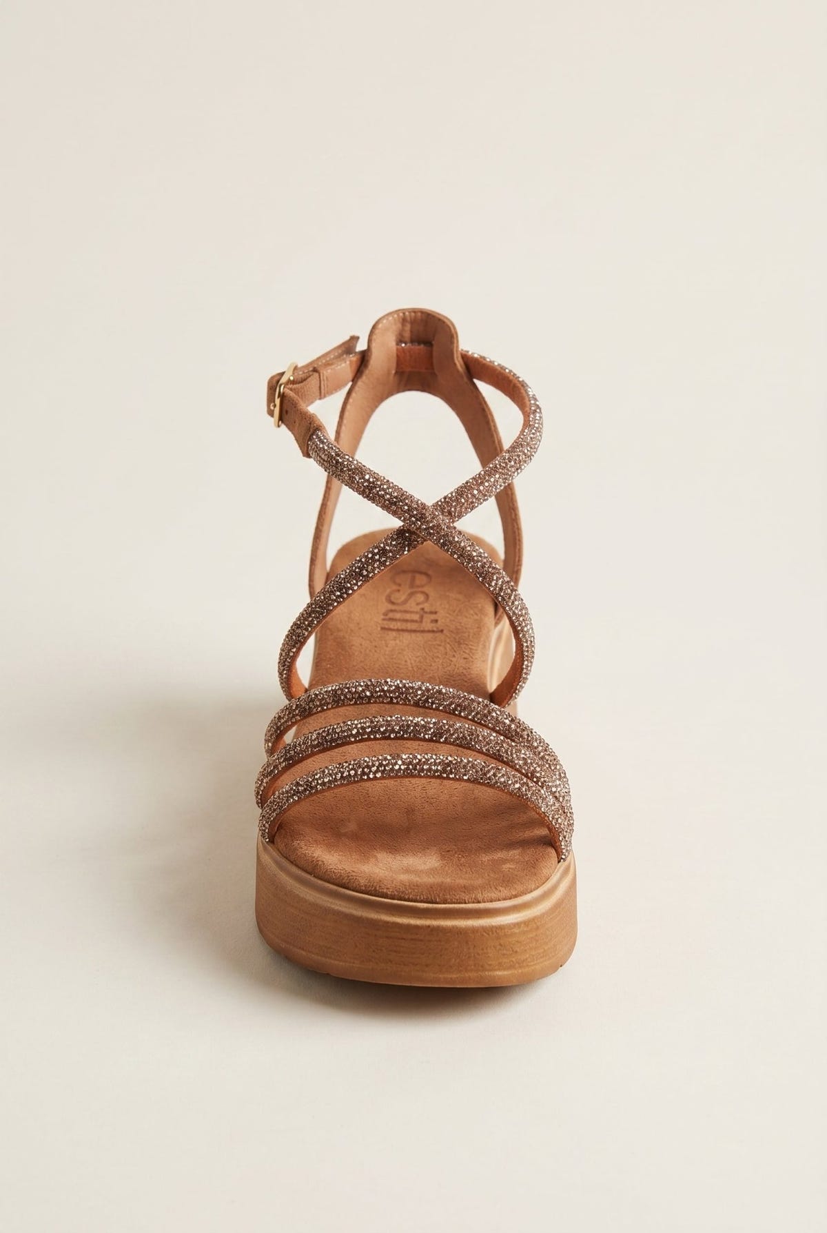 Estil - Platform Sandals Rhinestone Straps - Tan Suede