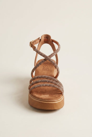 Estil - Platform Sandals Rhinestone Straps - Tan Suede