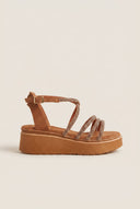 Estil - Platform Sandals Rhinestone Straps - Tan Suede