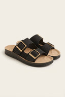 Gold Star - Platform Sandals Wide Straps Bold Buckles - Black Suede