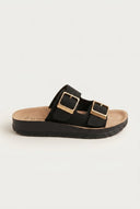 Gold Star - Platform Sandals Wide Straps Bold Buckles - Black Suede