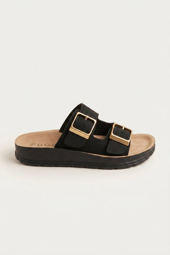 Gold Star - Platform Sandals Wide Straps Bold Buckles - Black Suede