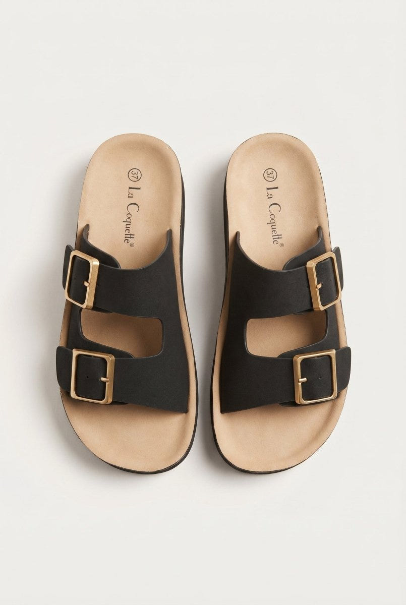 Gold Star - Platform Sandals Wide Straps Bold Buckles - Black Suede