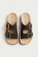 Gold Star - Platform Sandals Wide Straps Bold Buckles - Black Suede