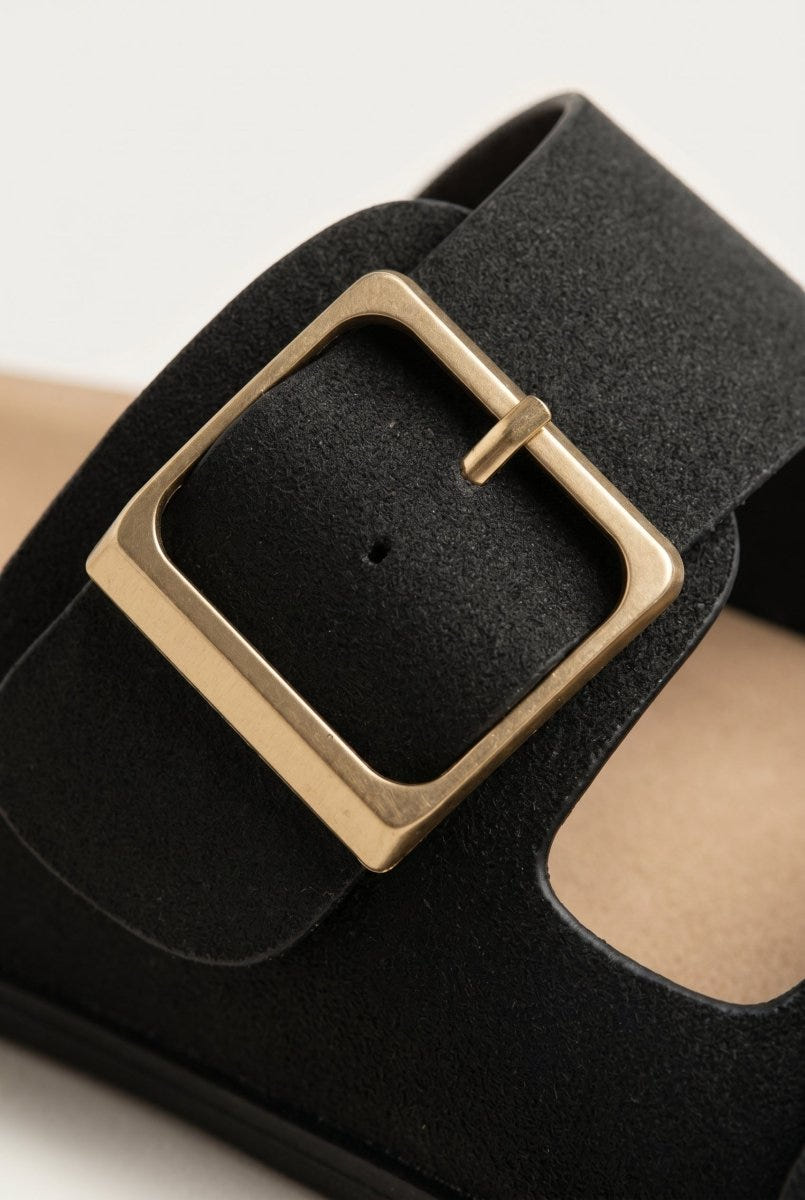 Gold Star - Platform Sandals Wide Straps Bold Buckles - Black Suede