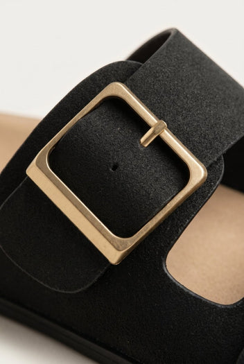 Gold Star - Platform Sandals Wide Straps Bold Buckles - Black Suede
