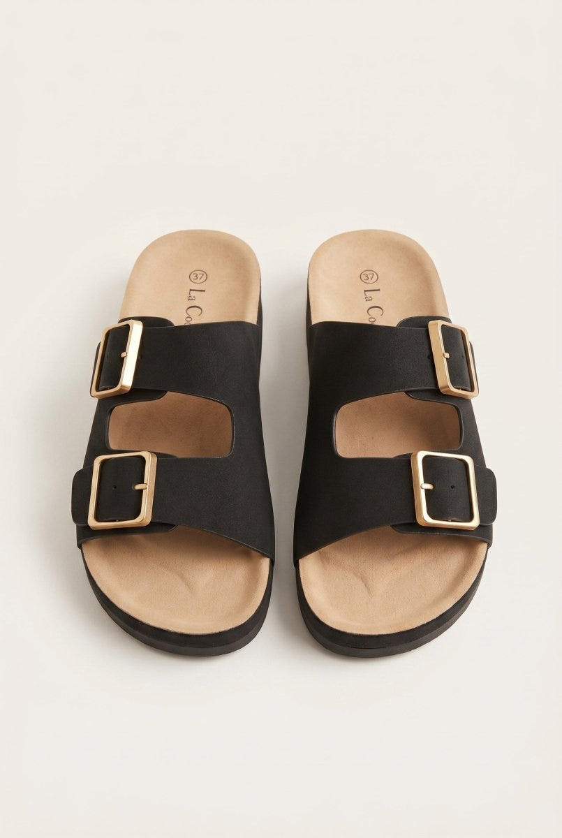 Gold Star - Platform Sandals Wide Straps Bold Buckles - Black Suede