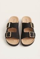 Gold Star - Platform Sandals Wide Straps Bold Buckles - Black Suede