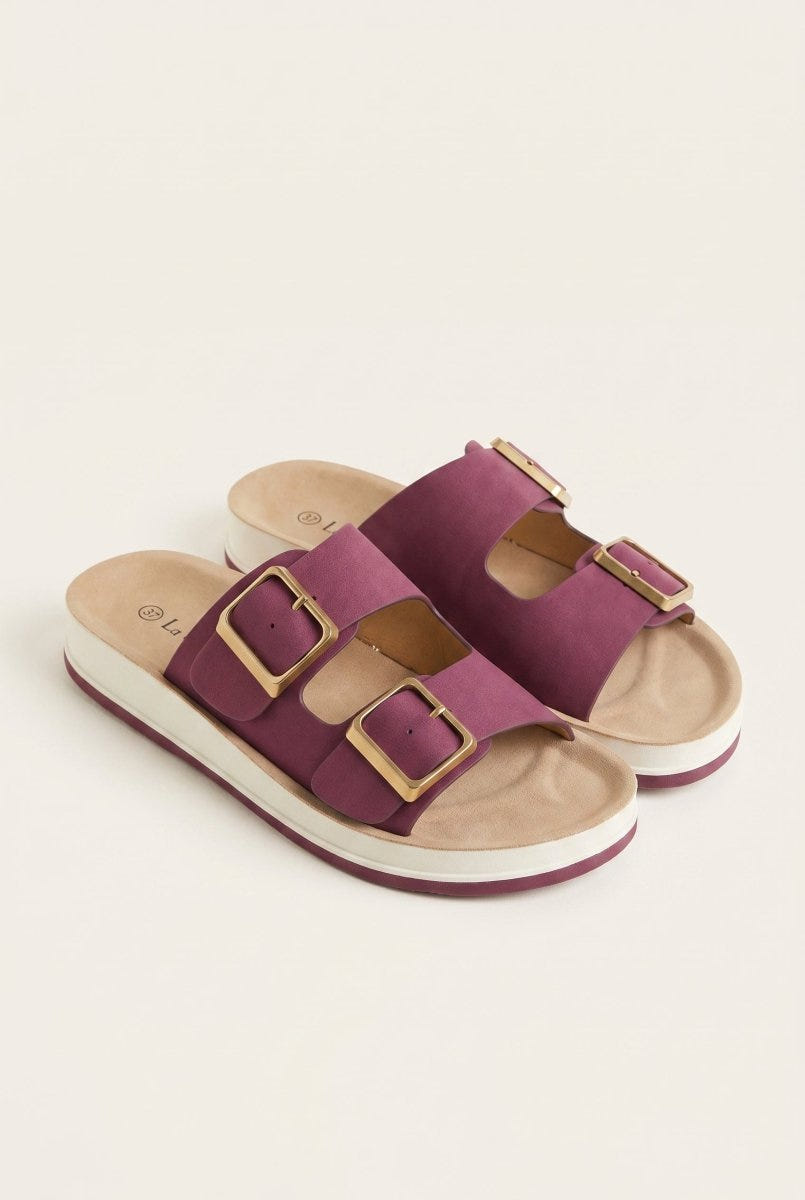 Gold Star - Platform Sandals Wide Straps Bold Buckles - Bordeaux Suede