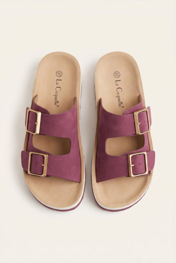 Gold Star - Platform Sandals Wide Straps Bold Buckles - Bordeaux Suede