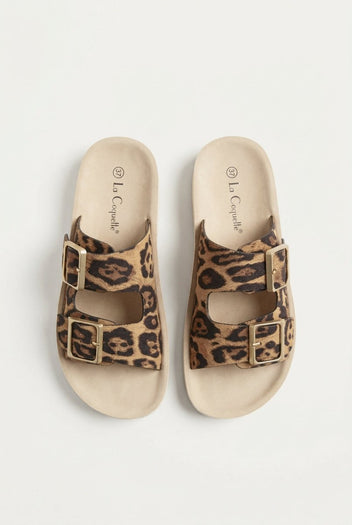 Gold Star - Platform Sandals Wide Straps Bold Buckles - Leopard suede