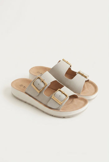 Gold Star - Platform Sandals Wide Straps Bold Buckles - Light Grey Matte