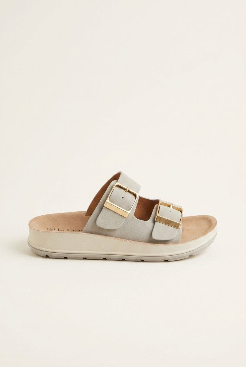 Gold Star - Platform Sandals Wide Straps Bold Buckles - Light Grey Matte