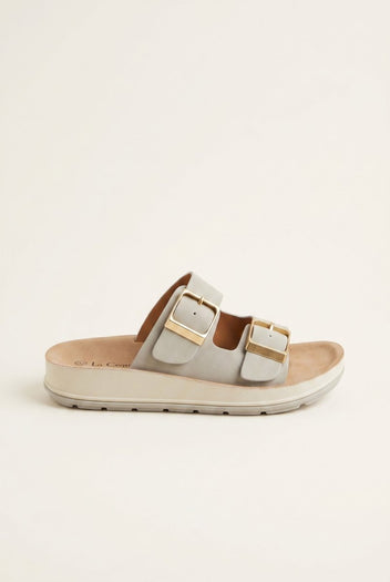 Gold Star - Platform Sandals Wide Straps Bold Buckles - Light Grey Matte