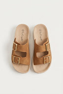 Gold Star - Platform Sandals Wide Straps Bold Buckles - Tan Suede