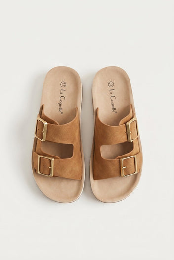 Gold Star - Platform Sandals Wide Straps Bold Buckles - Tan Suede