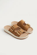 Gold Star - Platform Sandals Wide Straps Bold Buckles - Tan Suede