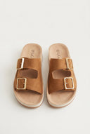 Gold Star - Platform Sandals Wide Straps Bold Buckles - Tan Suede