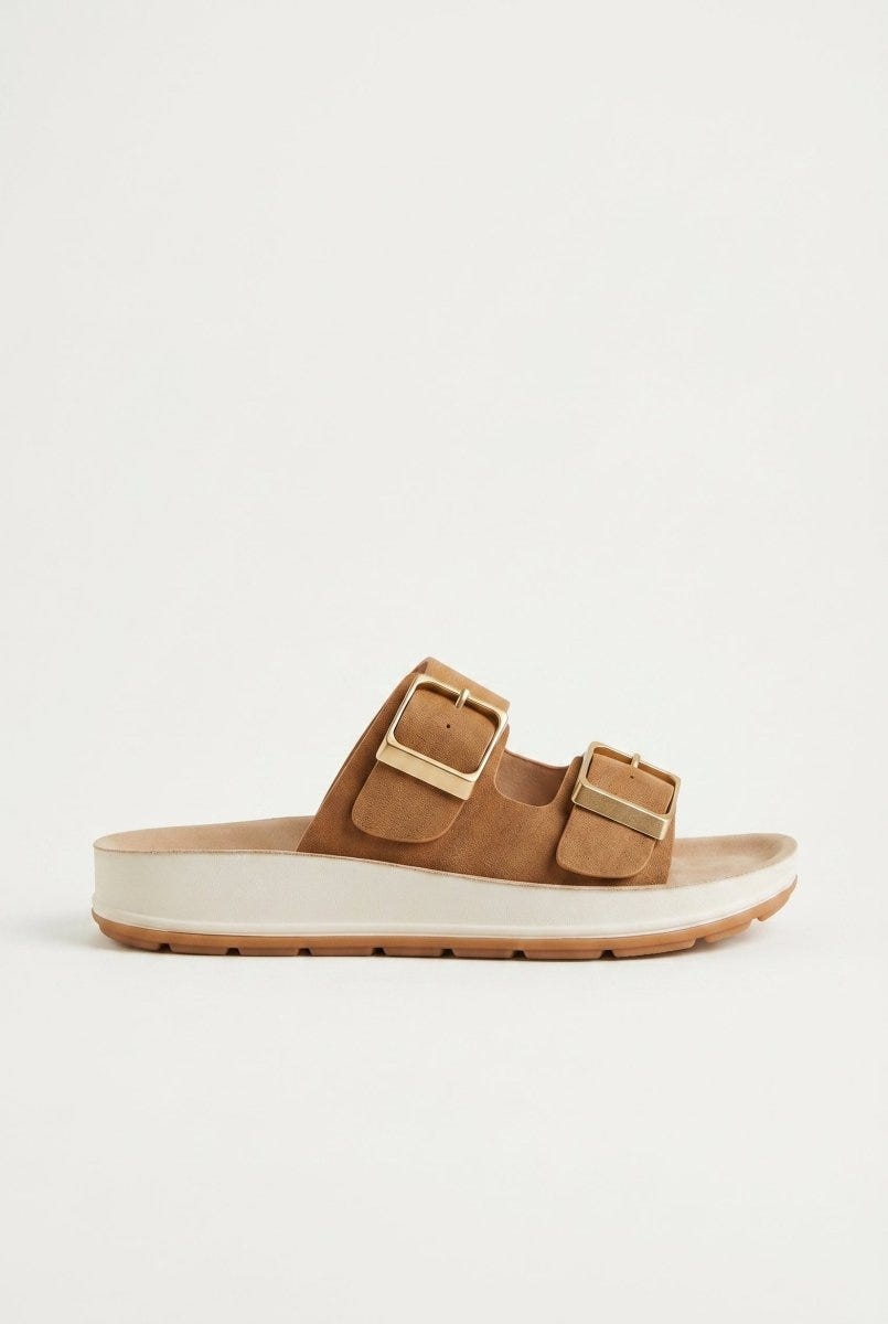 Gold Star - Platform Sandals Wide Straps Bold Buckles - Tan Suede