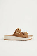 Gold Star - Platform Sandals Wide Straps Bold Buckles - Tan Suede
