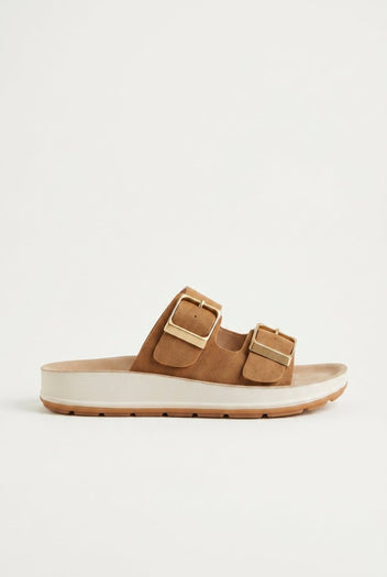 Gold Star - Platform Sandals Wide Straps Bold Buckles - Tan Suede