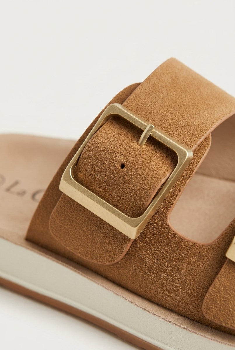 Gold Star - Platform Sandals Wide Straps Bold Buckles - Tan Suede