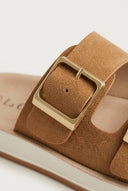 Gold Star - Platform Sandals Wide Straps Bold Buckles - Tan Suede