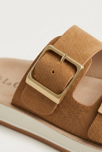 Gold Star - Platform Sandals Wide Straps Bold Buckles - Tan Suede