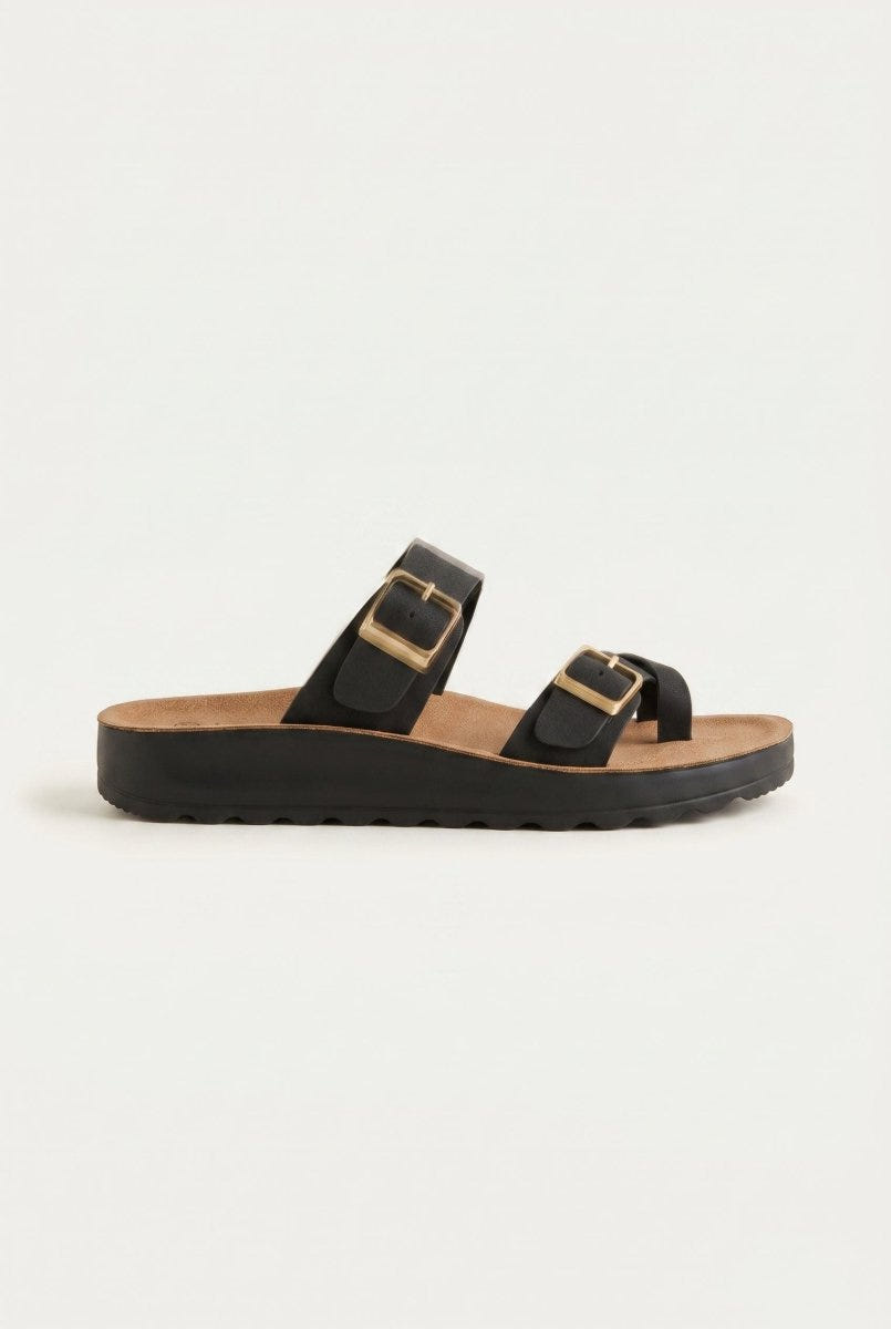 Gold Star - Platform Sandals with Buckles - Black Suede