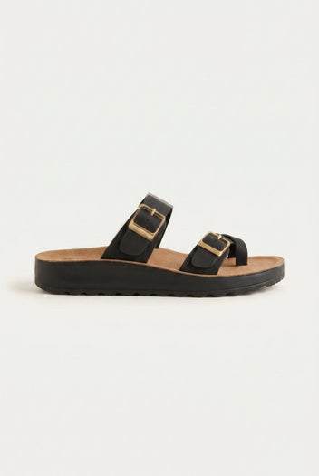 Gold Star - Platform Sandals with Buckles - Black Suede