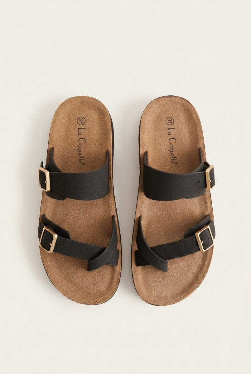 Gold Star - Platform Sandals with Buckles - Black Suede