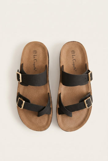 Gold Star - Platform Sandals with Buckles - Black Suede
