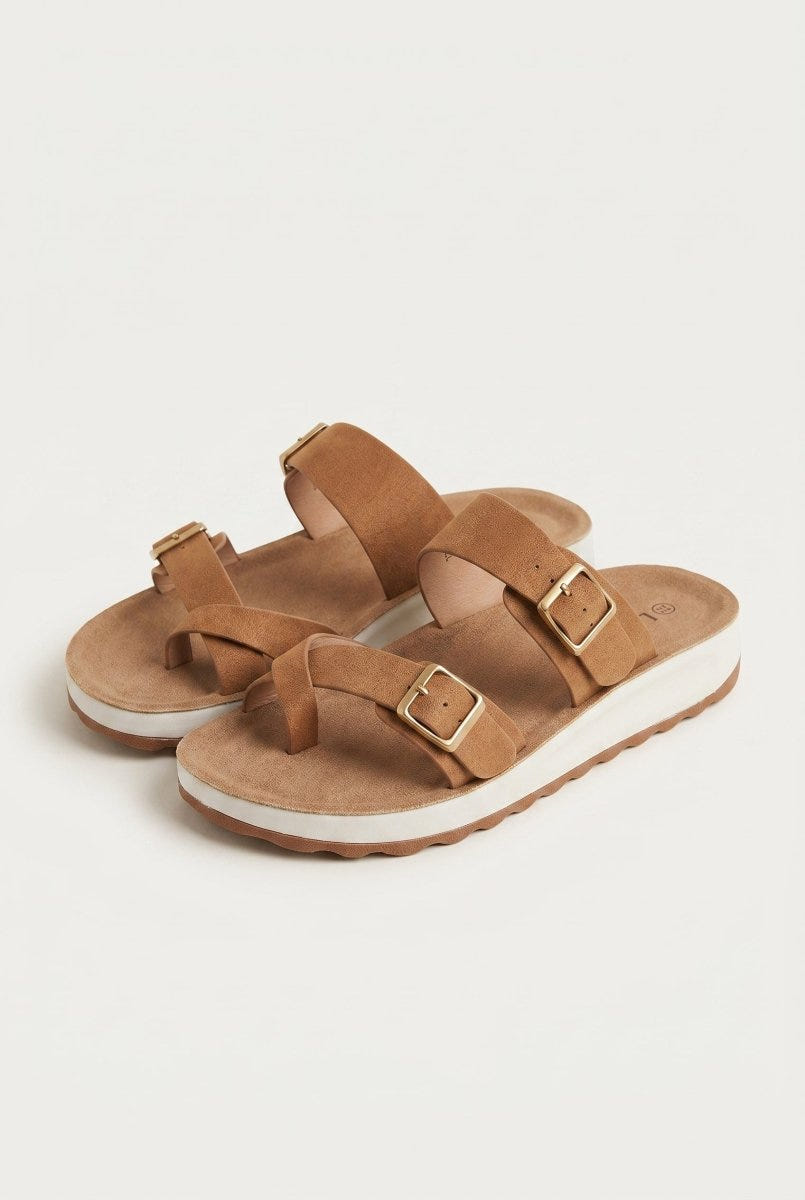 Gold Star - Platform Sandals with Buckles - Camel Suede