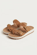 Gold Star - Platform Sandals with Buckles - Camel Suede