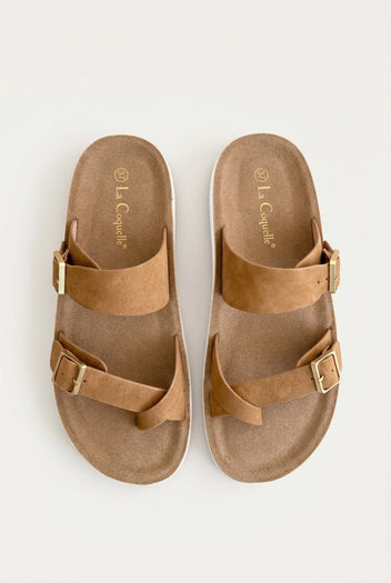 Gold Star - Platform Sandals with Buckles - Camel Suede