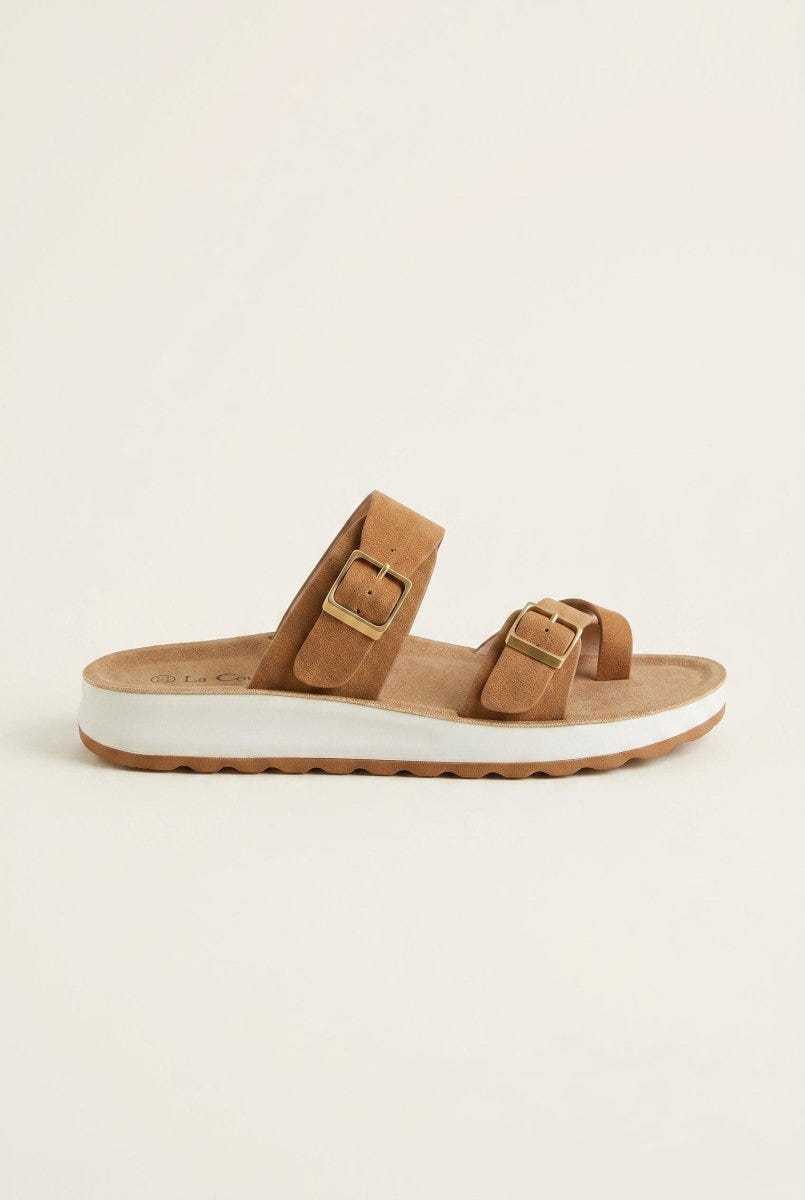Gold Star - Platform Sandals with Buckles - Camel Suede