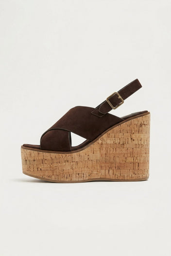 CORINA - Platform Sandals with Cork Sole - Brown Suede