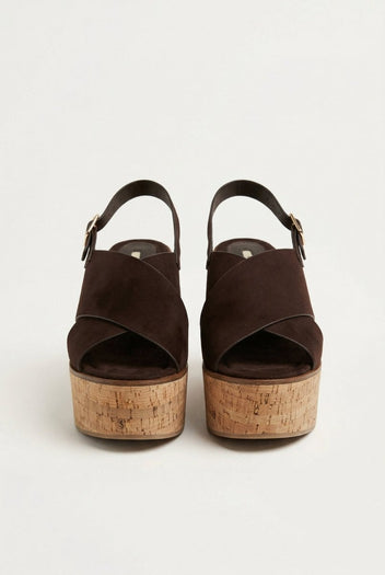 CORINA - Platform Sandals with Cork Sole - Brown Suede