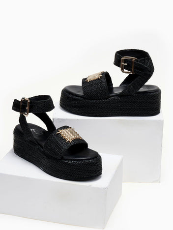 Pair of black woven raffia platform sandals with ankle buckle straps, displayed on white blocks
