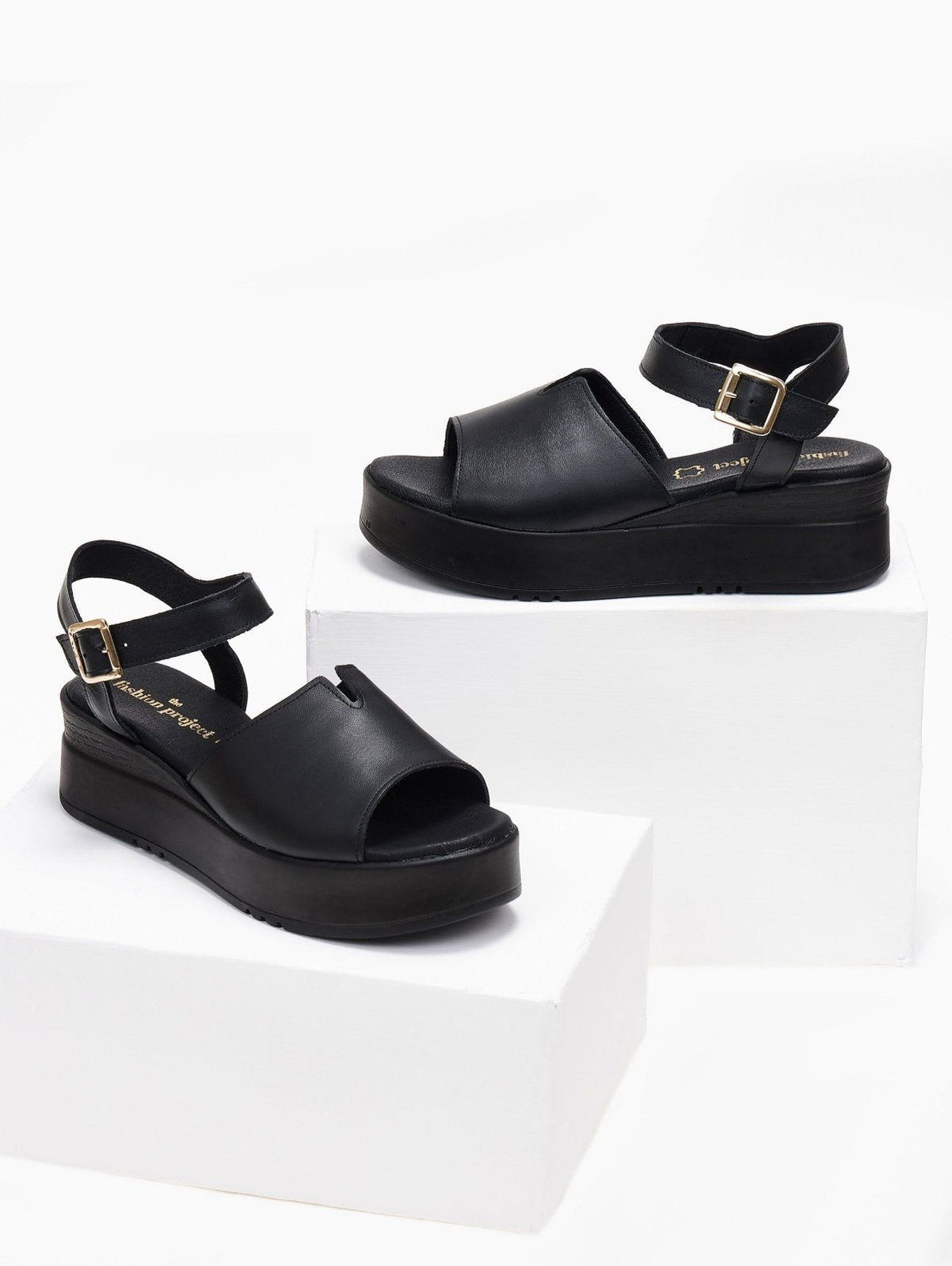 Πλατφόρμες δερμάτινες με άνοιγμα tfp - Μαύρο - thefashionproject.gr - TFP