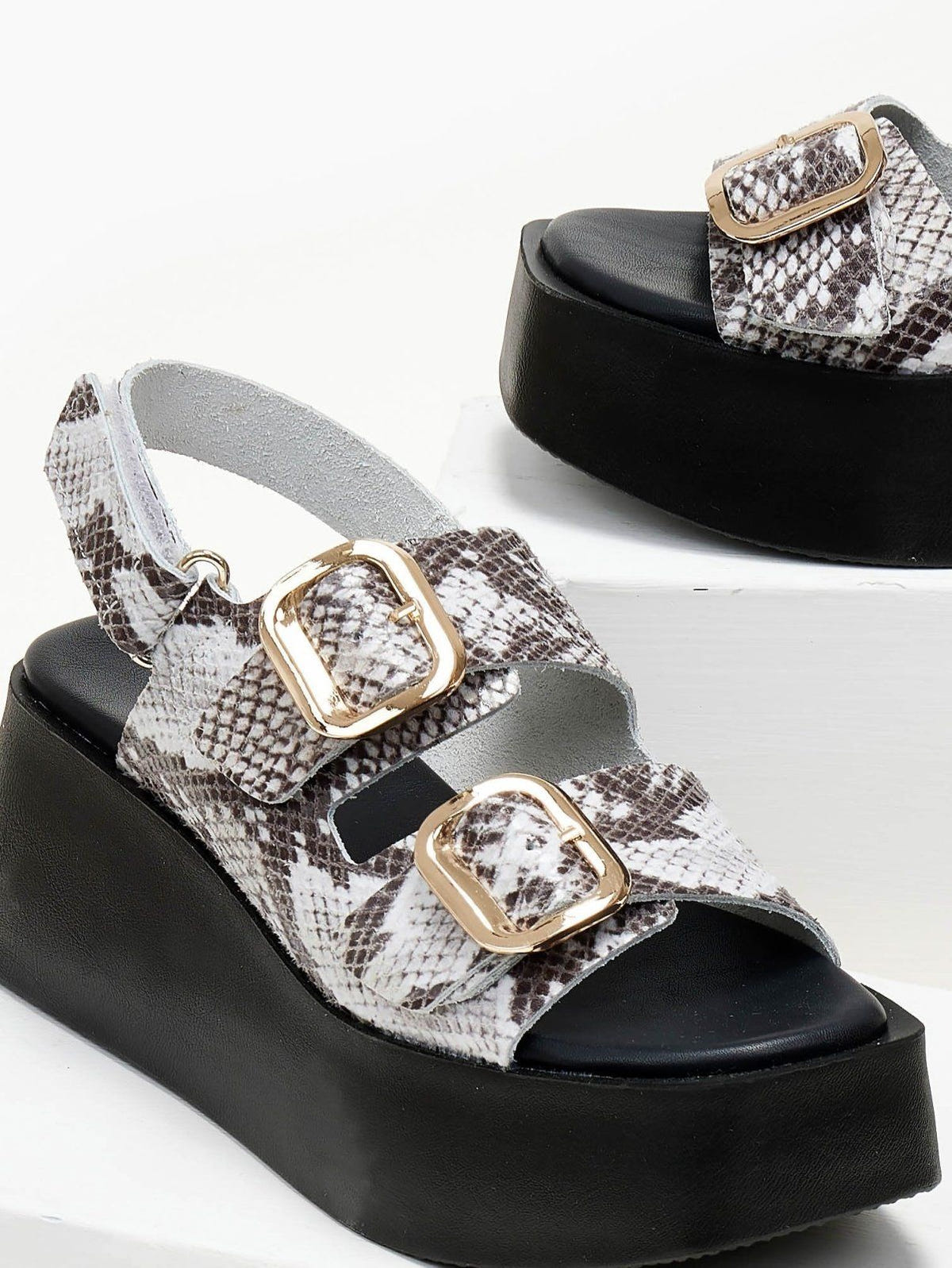 Πλατφόρμες δερμάτινες με print TFP - Μαύρο/Μπεζ - thefashionproject.gr - TFP