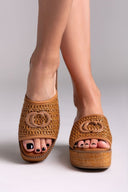 Πλατφόρμες δερμάτινες με ψάθα CARMELA 162235 - Κάμελ - thefashionproject.gr - CARMELA